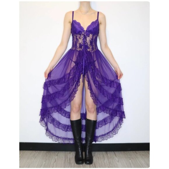 Purple Lace Babydoll Bustier Lingerie Duster Ruffles Sexy Y2K Goth Push Up Large - Picture 1 of 16